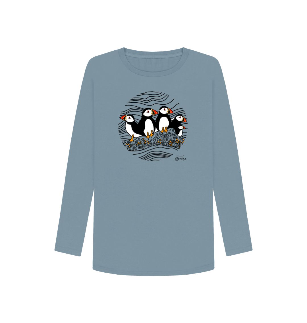Stone Blue Puffins Circus Women's Long Sleeved T-Shirt